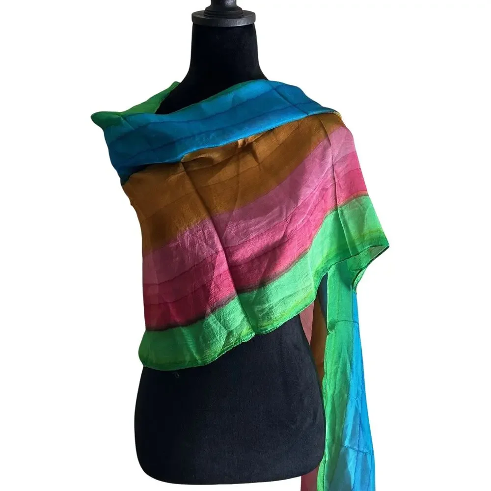 Colorful Silk Scarf Wrap Rainbow Striped Shawl Rectangular Lightweight Womens OS